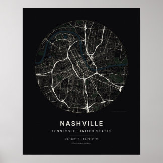 Impresión de arte de mapa de ciudad negra de Nashv