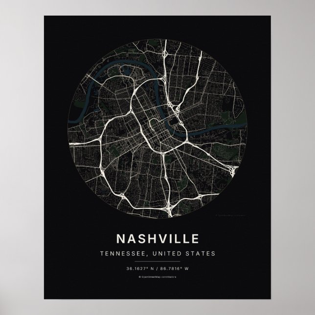 Impresión de arte de mapa de ciudad negra de Nashv (Frente)