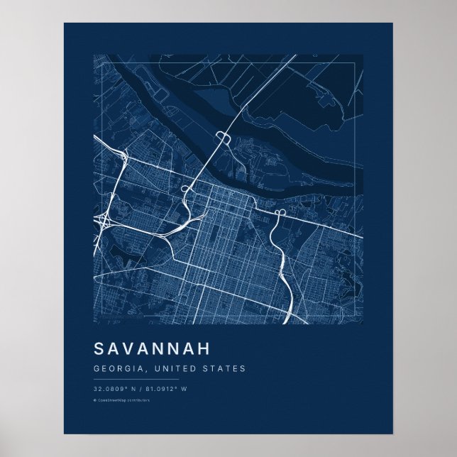 Impresión de arte de mapa de la ciudad de Savannah (Frente)