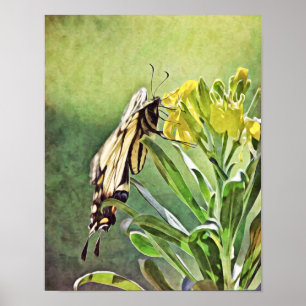 Impresión de arte de mariposa amarilla y flores
