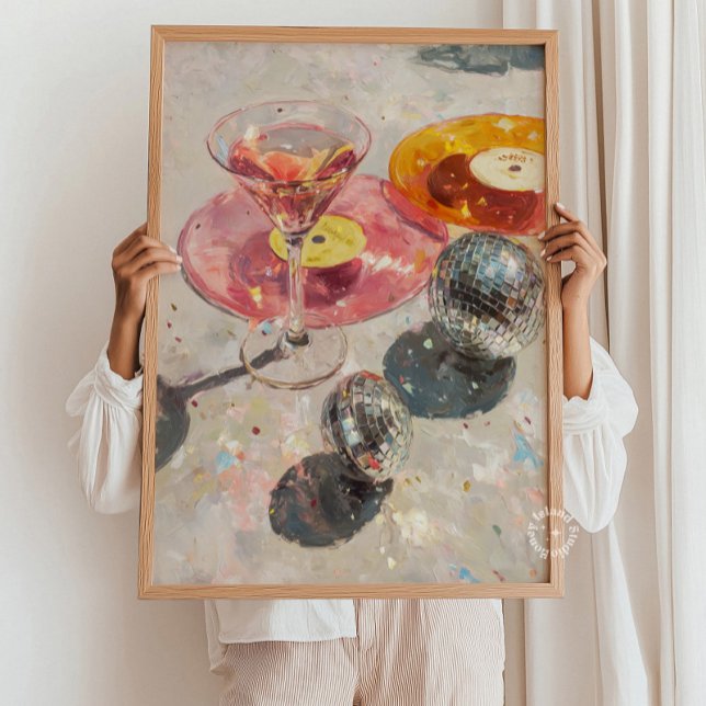 Impresión de arte de Martini y bola de discoteca:  (Martini & Disco Ball Art Print: Light Pink Bar Car Poster)