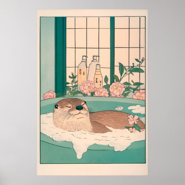 Impresión de arte de nutria divertida, baño japoné (Frente)