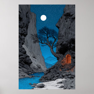 Impresión de arte de paisaje de luna azul del cañó