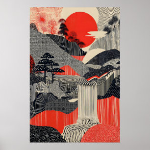 Impresión de arte de paisaje japonés Sol rojo Casc