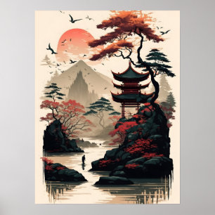 Impresión de Arte de Paisaje Japonés – Templo Zen