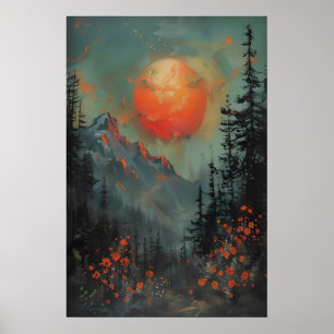 Impresión de arte de paisaje montañoso al atardece