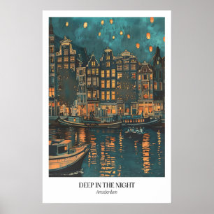 Impresión de arte de paisaje nocturno de Amsterdam