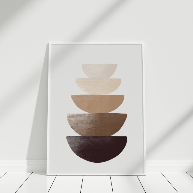 Impresión de Arte de Pared de Cuencos Apilados Min (Neutral Abstract Bowls Wall Art in white frame against white wall.)