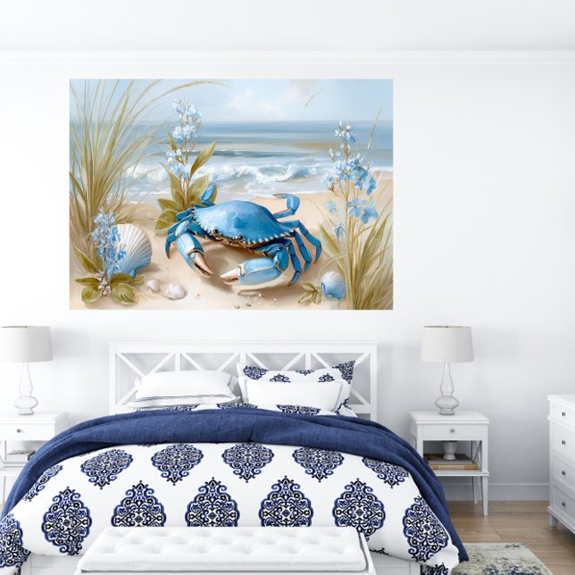Impresión de arte de pared de playa de cangrejo az (Seaside Blue Crab Beach Wall Art Print | Poster by TinkPrints.)