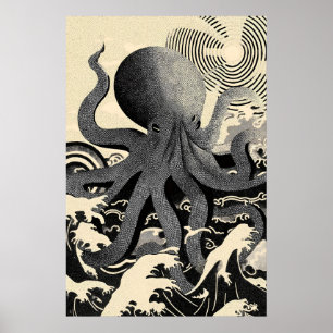 Impresión de arte de pared de pulpo, olas del océa