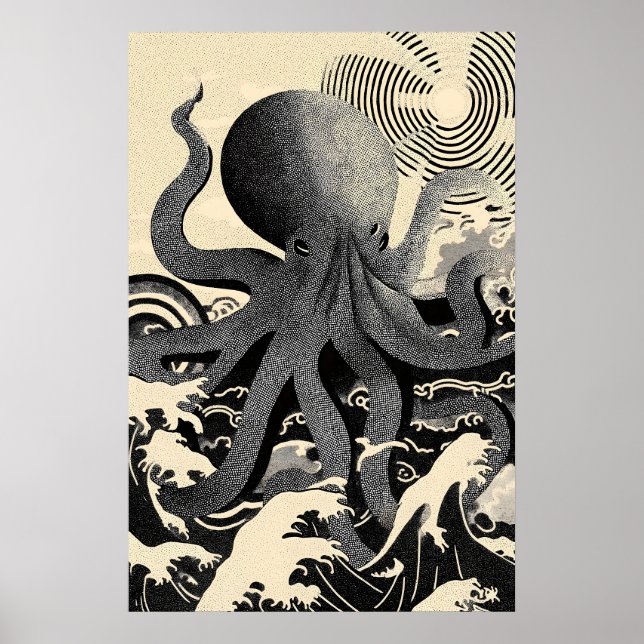 Impresión de arte de pared de pulpo, olas del océa (Frente)