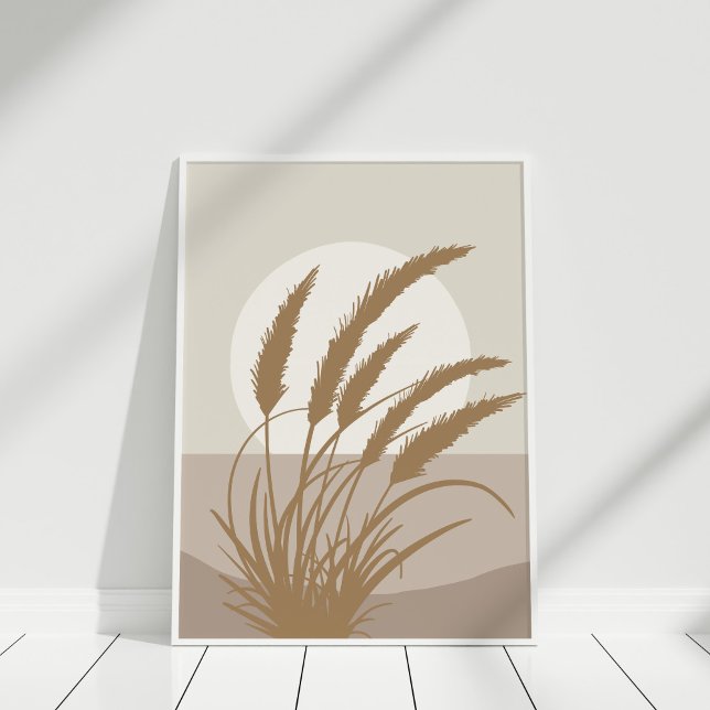 Impresión de Arte de Pared Neutral de Luna de Hier (Boho Pampas Grass Full Moon Illustration Poster on a white frame against white wall.)
