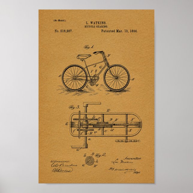 Impresión de arte de patente de ciclismo de 1894 (Frente)