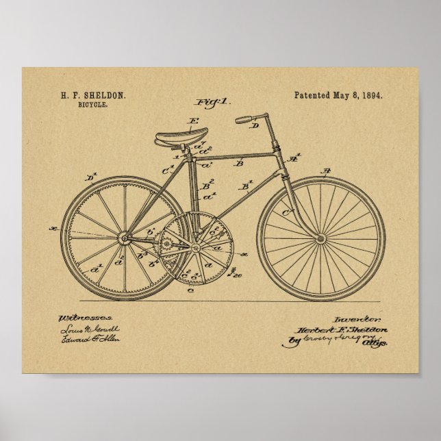 Impresión de arte de patente de diseño de biciclet (Frente)