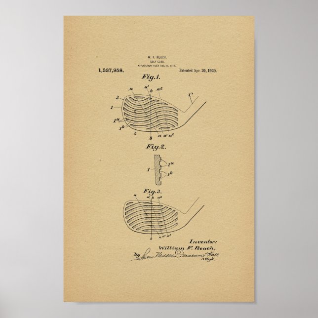 Impresión de arte de patentes de club de golf de 1 (Frente)
