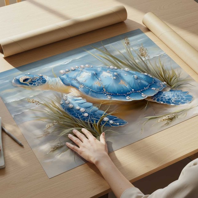Impresión de arte de playa costera de tortuga mari (Blue Sea Turtle Coastal Beach Art Print | Poster by TinkPrints.)