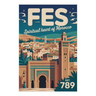 Impresión de arte de póster de viaje retro de Fes