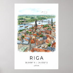 Impresión de arte del horizonte de Riga Acuarela d