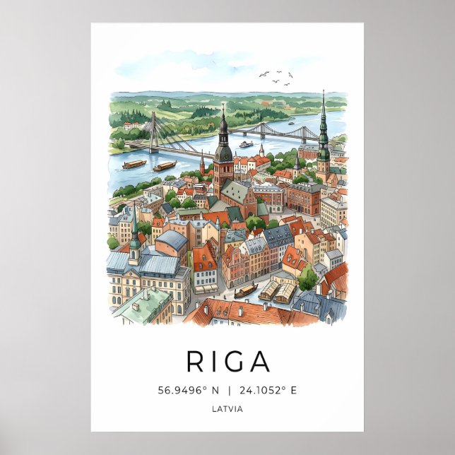 Impresión de arte del horizonte de Riga Acuarela d (Frente)