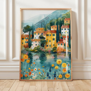 Impresión de arte del pueblo italiano Lakeside