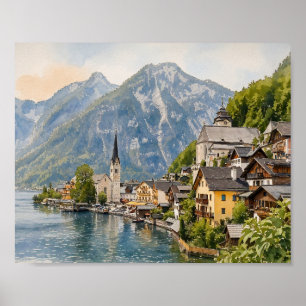 Impresión de arte en acuarela de Hallstatt Austria