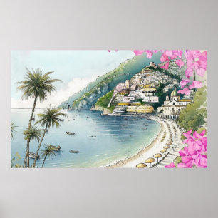 Impresión de arte en acuarela de la Costa de Amalf