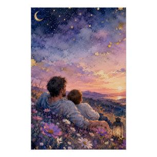 Impresión de arte en acuarela de padre e hijo mira