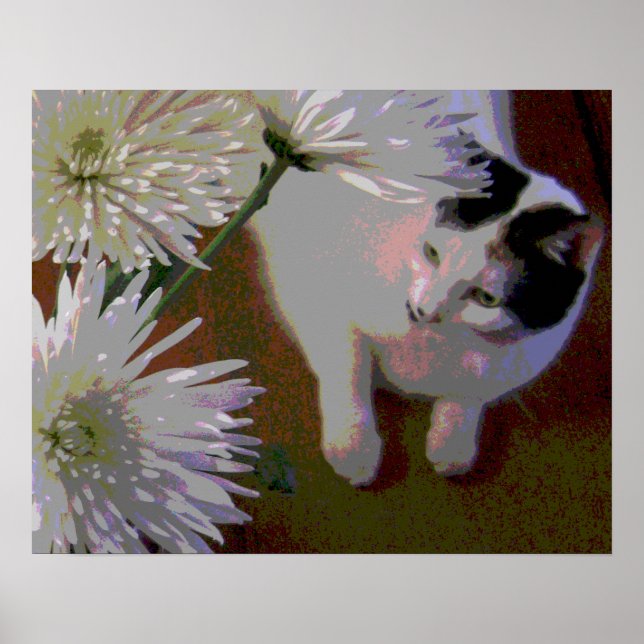 Impresión de arte fino de gato con crisantemos (Frente)