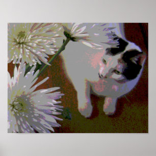 Impresión de arte fino de gato con crisantemos