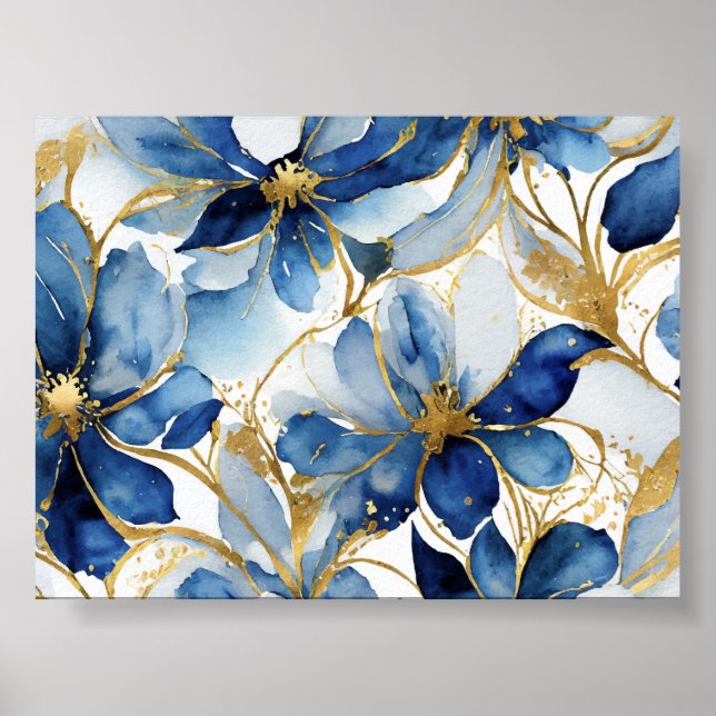 Impresión de arte floral azul con acentos dorados (Frente)