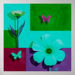 Impresión de arte floral con bloques de color y ma