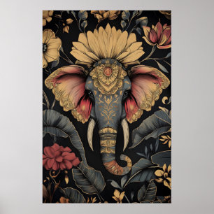 Impresión de arte floral de elefante – Diseño vint