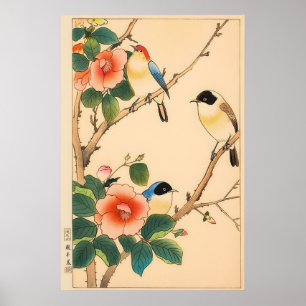 Impresión de arte floral de pájaro japonés - Xilog