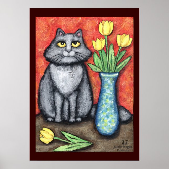 Impresión de arte Maine Coon Cat con Tulips (Frente)