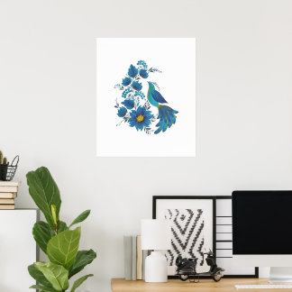 Impresión de arte moderno de pájaro azul y flores