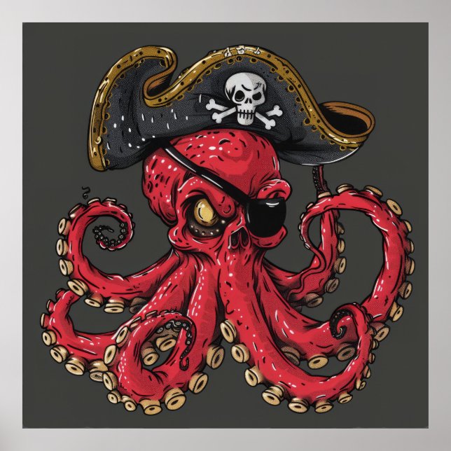 Impresión de arte surrealista de pulpo rojo (Frente)