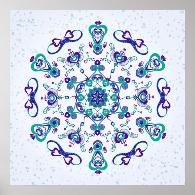Impresión de arte turquesa y morado en los corazon (Frente)