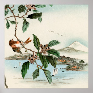 Impresión de arte vintage japonés de pájaro y Mont