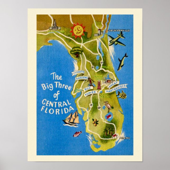 Impresión de atracciones vintage de Florida (Frente)
