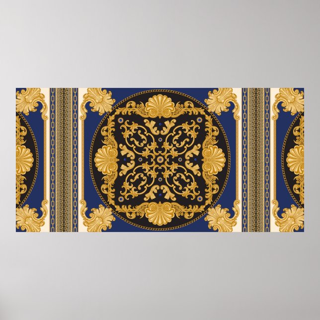 Impresión de Bandana sobre fondo negro y azul, oro (Frente)