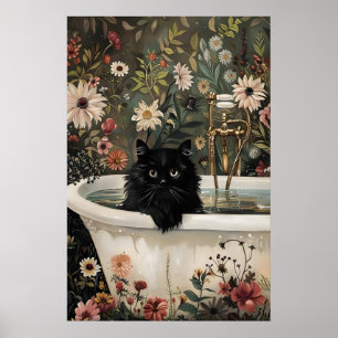 Impresión de baño de gato negro floral, flor botán