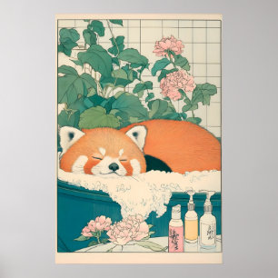 Impresión de baño de Panda Rojo Arte Japonés Ukiyo