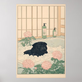 Impresión de baño de Pug negro Kawaii Japandi Ukiy