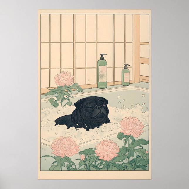 Impresión de baño de Pug negro Kawaii Japandi Ukiy (Frente)