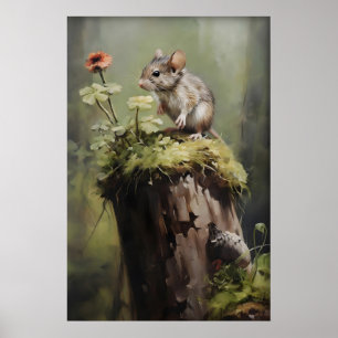 Impresión de bosque de ratón en tocón, animal de a