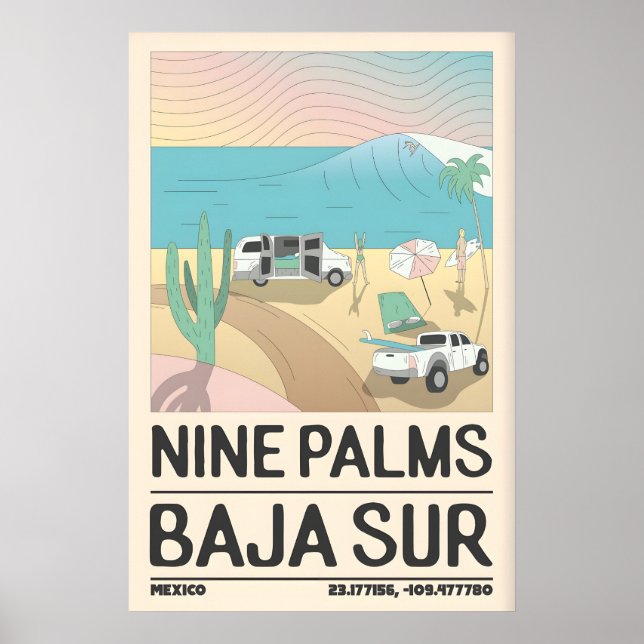 Impresión de cartel de viaje Baja Costa con tablas (Frente)