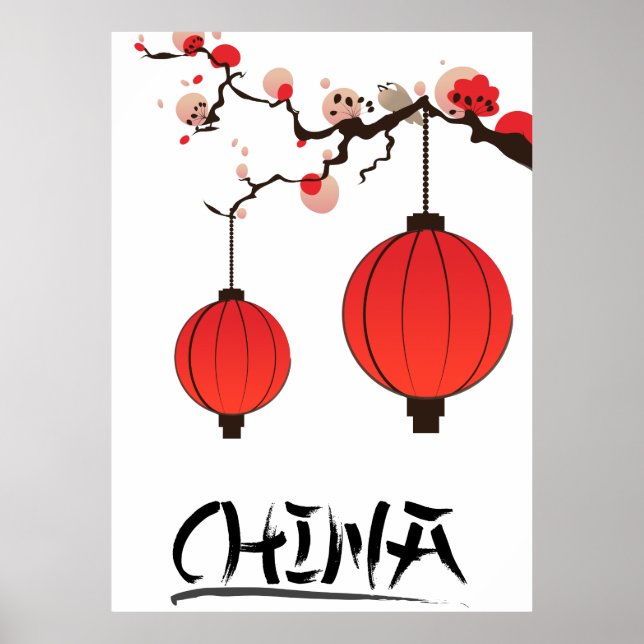 Impresión de cartel de viaje de faroles chinos. (Frente)