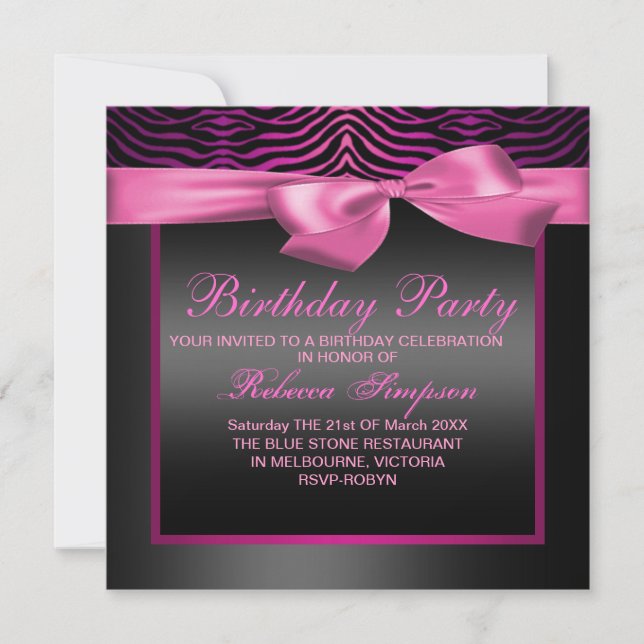 Impresión de cebra Fiesta rosa y negro Invitación  (Anverso)