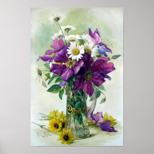 Impresión de clematis morados y daisios blancos
