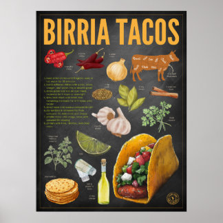 Impresión de crokboard de receta Birria Tacos